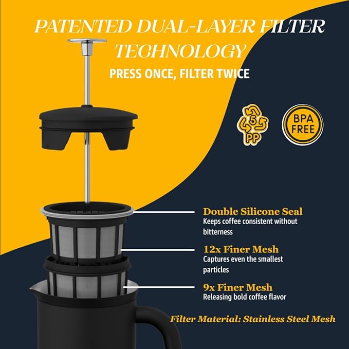 ESPRO P7 French Press Stainless Steel 304 – Patented Double Walled Micro-Filter Insulated French Press Coffee Maker, Grit-Free Brew - Heat Resistant BPA Free - Matte Black (18oz)