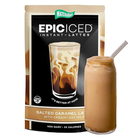 Matchabar Epic Iced Instant Latte Powder | Salted Caramel Espresso w/Oat Milk Base | Low Sugar, Non-Diary & Vegan Instant Iced Coffee Powder | Barista-Quality Creamy Latte Mix | 10 Servings