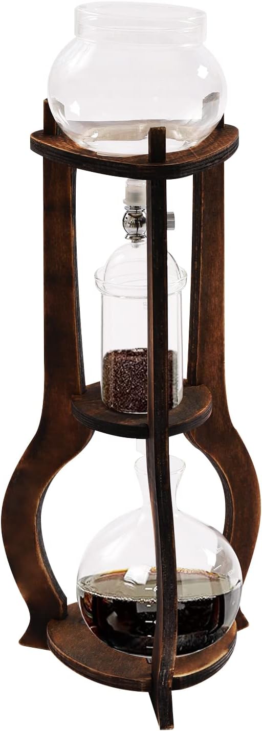 6-8 Cup Iced Coffee Cold Brew Drip Tower – 600ml Retro Hand-Blown Glass & Wood Coffee Maker, 3-5H Quick Extraction with Stainless Steel Filter (Brown)
