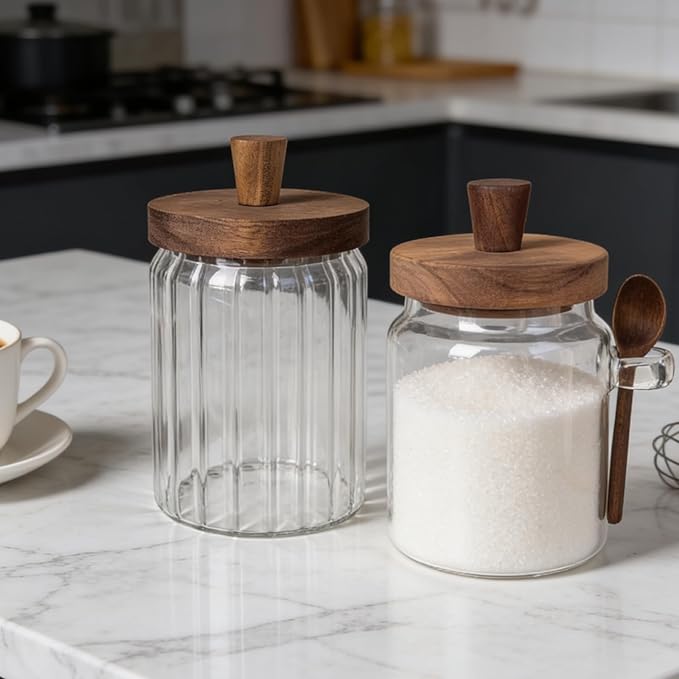 Sugar Bowl with Lid and Spoon,20 oz Sugar Container for Coffee Bar, Glass Coffee Canister, Airtight Food Storage Jar, Brown Sugar Container, Cereal Tea Salts Spice Jar (Flat)