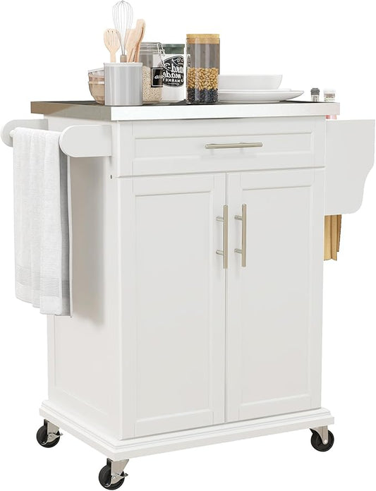 HOMCOM Kitchen Island on Wheels, Rolling Kitchen Cart with Stainless Steel Countertop, Drawer, Towel Rack and Spice Rack, Utility Storage Trolley, Cream White