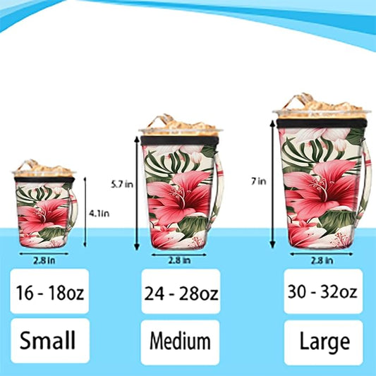Reusable Iced Coffee Cup Sleeve Tropical Flowers Neoprene Insulated Sleeves Cup Holder with handle Idea for 24oz - 28oz