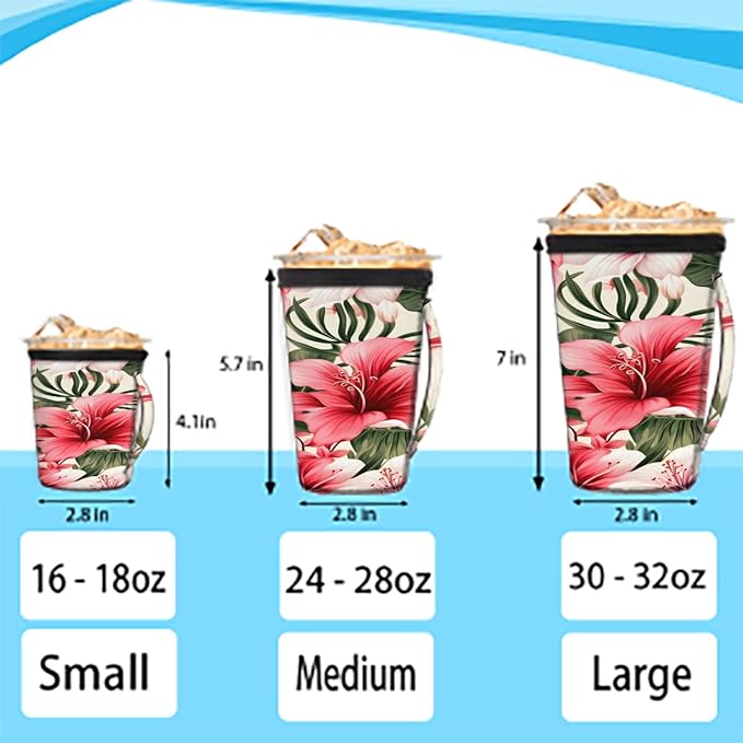 Reusable Iced Coffee Cup Sleeve Tropical Flowers Neoprene Insulated Sleeves Cup Holder with handle Idea for 16oz - 18oz