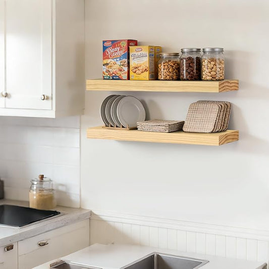 Floating Wall Shelves 24x6.8x1.7 Inch – Solid Wood Rustic Shelves in Natural Wood Finish – Wall Mounted Display Shelf for Bathroom, Kitchen, Bedroom – Set of 2