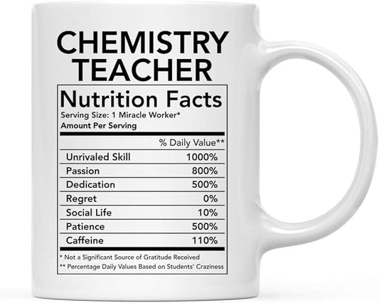 Andaz Press Funny 11oz. Ceramic Coffee Tea Mug Thank You Gift, Chemistry Teacher Nutritional Facts, 1-Pack