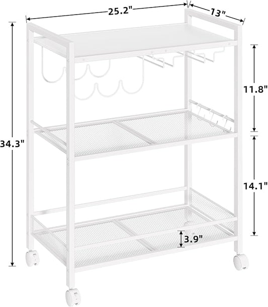 Bar Cart, Home Bar Serving Cart with 3-Tier Shelf,Microwave Cart with Lockable Wheels,Mobile Kitchen Shelf,Rolling Beverage Cart with Wine Rack and Glass Holder for Kitchen,Dinning Room,White