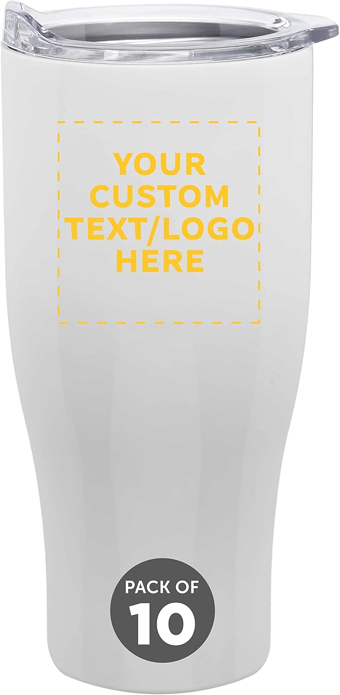 Custom Stainless Steel Grip Travel Mugs 27 oz. Set of 10, Personalized Bulk Pack - Perfect for Coffee, Soda, Other Hot & Cold Beverages - White