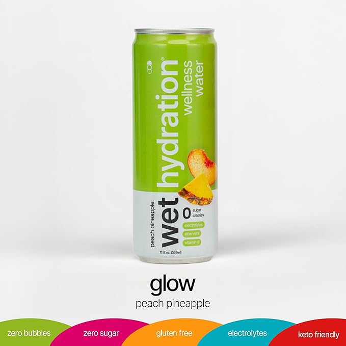 Wet Hydration | Functional Wellness Water, Non-Carbonated - Peach Pineapple (12 Ounce Cans, Pack of 12) - Flavored Water, Hydration Drink, No Sugar, No Artificial Ingredients, Zero Calories (Packaging May Vary)