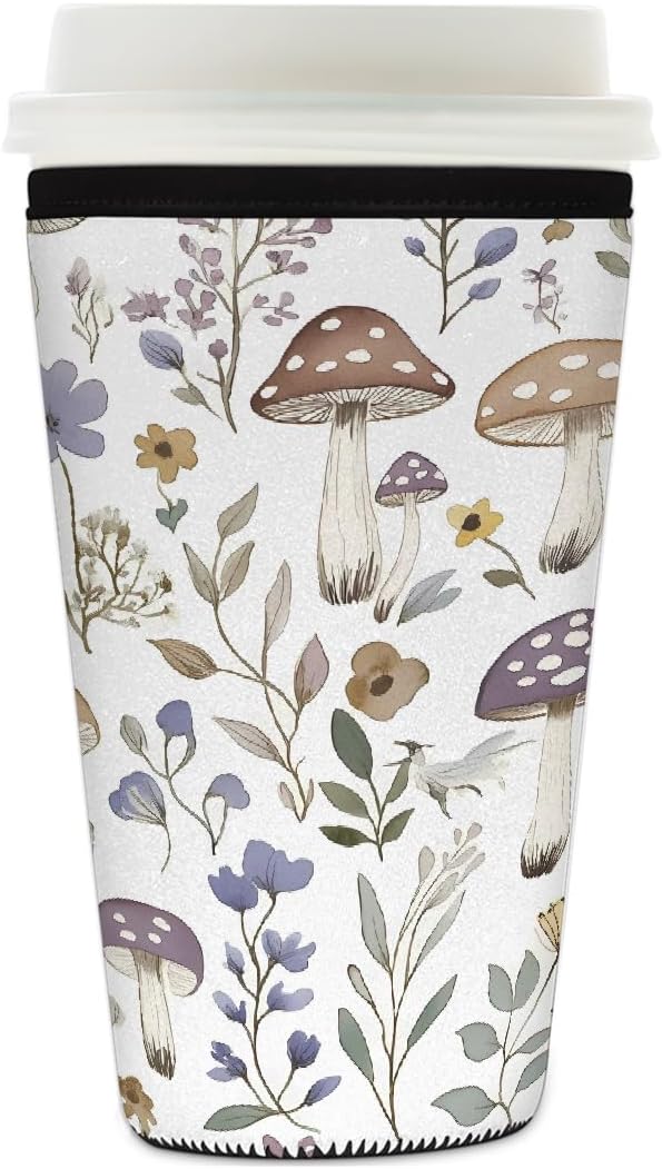 Wildflowers Mushroom Iced Coffee Sleeve for Cold Drink Cups, Reusable Neoprene Insulated Drink Sleeves Cup Cover for Beverages, Fits 22-24 oz