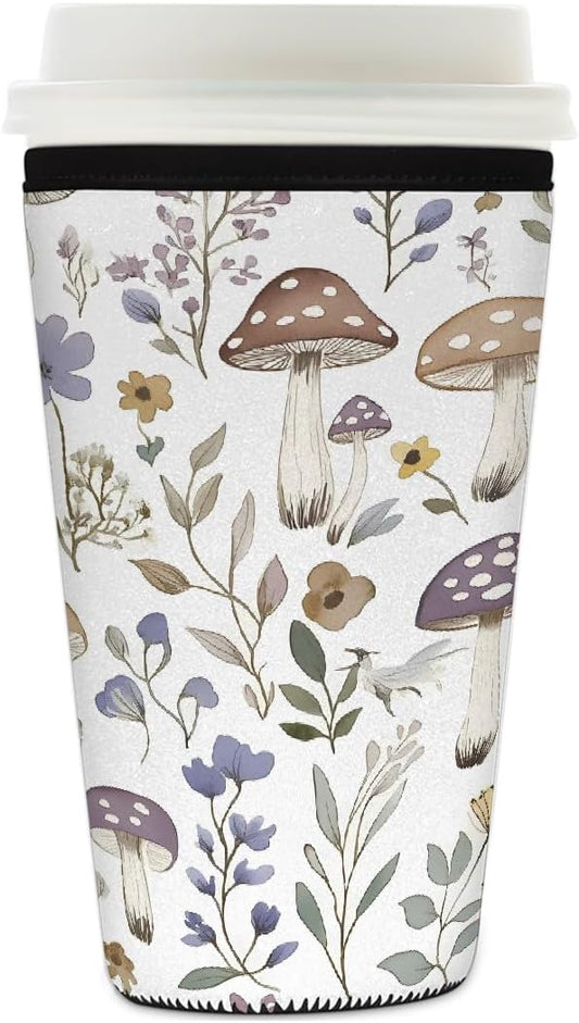 Wildflowers Mushroom Iced Coffee Sleeve for Cold Drink Cups, Reusable Neoprene Insulated Drink Sleeves Cup Cover for Beverages, Fits 22-24 oz
