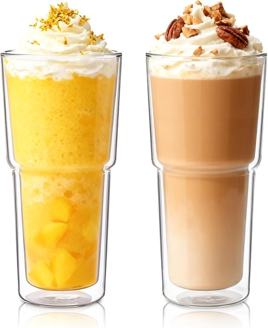 INSETLAN 20oz Double Wall Glass Cups Set of 2 – Borosilicate Glass Tumblers, Clear Insulated Glass Coffee Cups for Coffee, Cappuccino, Latte, Juice and Tea, Hot & Cold Resistant