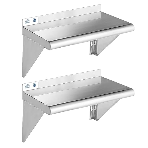 ROCKPOINT Stainless Steel Shelf 10 x 24 Inches 210lb, 2 Pack NSF Metal Commercial Shelves Wall Mount Floating Shelving with Backsplash for Restaurant, Kitchen, Home and Hotel, Silver