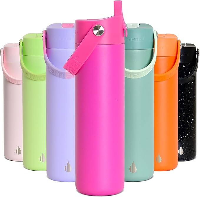 Elemental 24oz Insulated Water Bottle with Straw - 100% Leak-Proof Stainless Steel Core Water Bottles for Travel, Sports and Gym - Double Wall Insulation & BPA Free - Hot Pink
