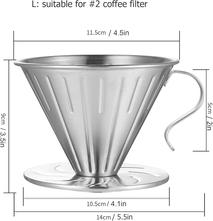 MERMOO YILAN Pour Over Coffee Dripper Stainless Steel Metal Reusable Cone Coffee Filter Slow Brewing Accessories for Home Cafe Restaurants(L)