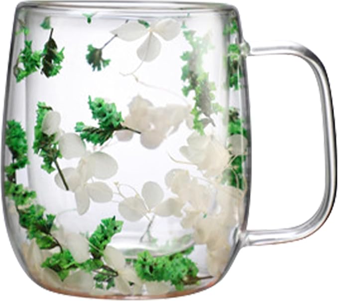 Dried Flowers Insulated Glass Double Wall Coffee Mug With Handle 250ml/390ml Transparent Double Glases Flower Tea Cup Latte Coffee Cup Borosilicate Glass Tea Mug