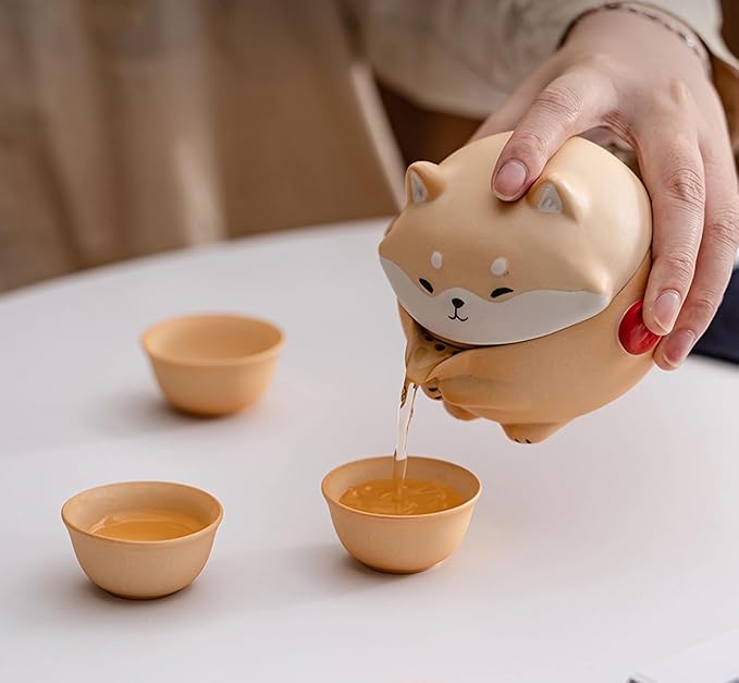 Mini Gaiwan Tea Set, Cute Dog Shiba Inu Teapot with Portable Bag for Travel, Chinese Ceramic Gongfu Teapot with 4 Ceramic Teacups. Gift for Tea Lovers.