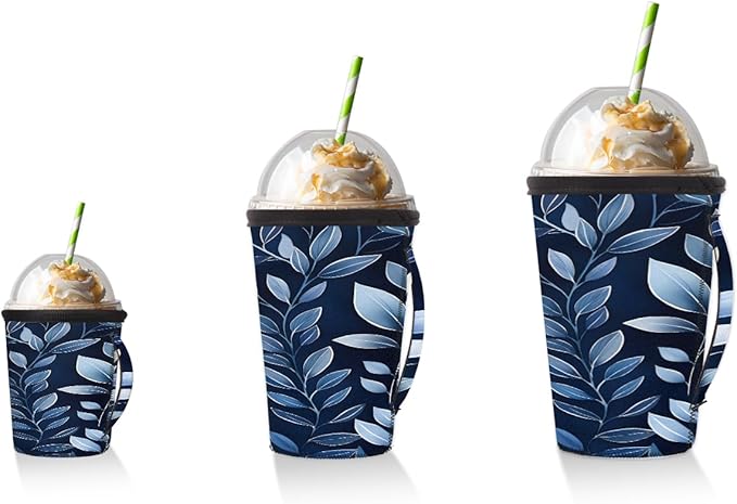 Reusable Iced Coffee Cup Sleeve Leaf Plants Neoprene Insulated Sleeves Cup Holder with handle Idea for 24oz - 28oz