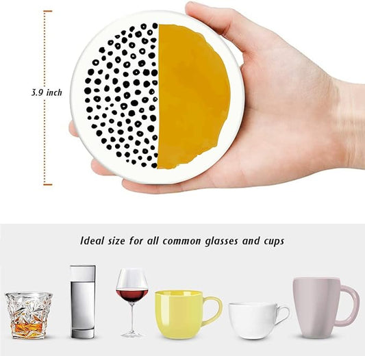 Britimes Coaster for Drinks Set of 6, Simple Retro Round Doodle Circle Absorbent Round Ceramic Stone Mat, with Cork Base and Metal Holder, Gift for Housewarming Room Bar Decor