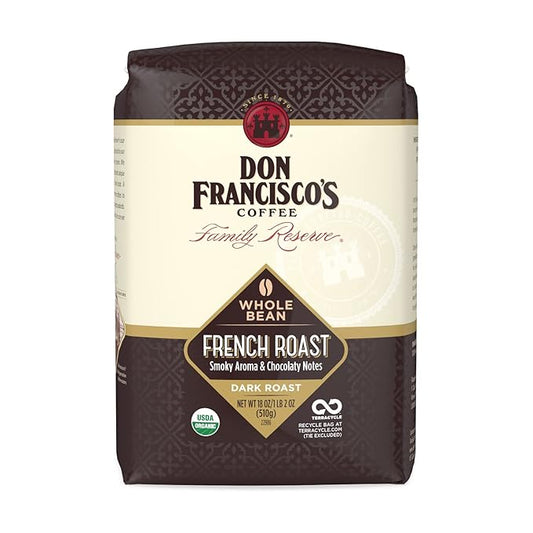 Don Francisco's Organic French Roast Whole Bean Coffee, Dark Roast – 100% Arabica Coffee, 18 oz Bag