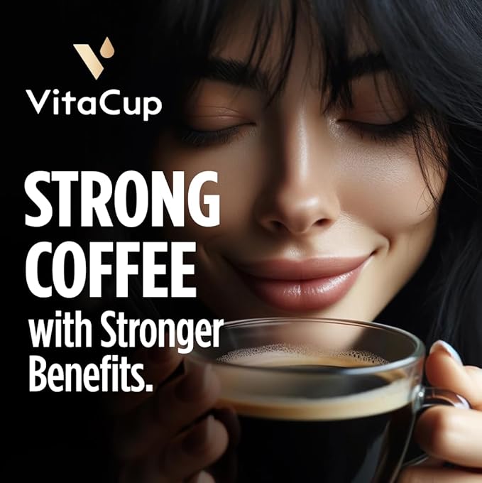 VitaCup Extra Shot Strong Coffee Pods, Bold & Intense Dark Roast w/Espresso Shot, High Caffeine, Vitamin B12, Antioxidants, Single Serve Pod Compatible with Keurig K-Cup Brewers, 64ct