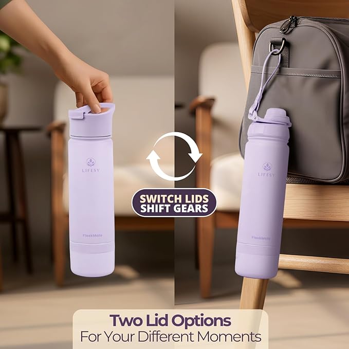 Tea Infuser Bottle & Cold Brew Travel Bottle – 18oz Insulated Flask with Storage, Filter & Dual Lids – For Work, Wellness & Gym – FLASKMATE All-in-One System (Mystic Lilac)