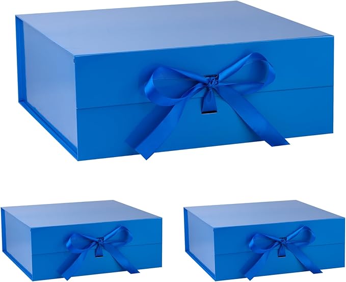 OEMVALATY Blue Gift Box,16x16x6 Inches Gift Boxes with Lids for Presents with Magnetic Closure and Ribbon for Wedding,Storage,Birthday(3-Pack)