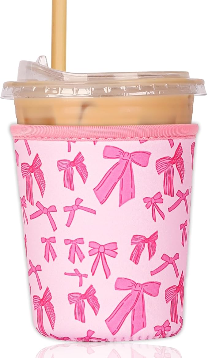 Reusable Insulated Sleeve for Iced Coffee Cup, Coffee Neoprene Sleeve for Cold & Hot Drinks, Beverage Holder for Iced Coffee (Pink Bows, Small: 16-18oz)