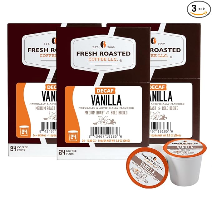 Fresh Roasted Coffee, Decaf French Vanilla, Flavored Coffee Pods, 72 Count