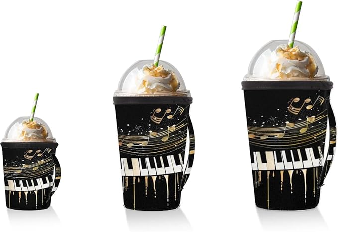 Reusable Iced Coffee Sleeve with Handle, Music Theme Neoprene Cup Sleeve Piano Keyboard Music Notes Insulator Cup Holder for Cold Drinks Beverages 16oz - 18oz
