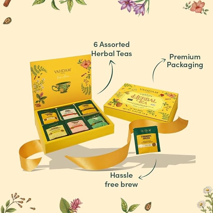 VAHDAM, Assorted Herbal Tea Variety Pack (6 Variants, 36 Tea Bags) Caffeine Free, Gluten Free, Non GMO | Eco Friendly Long Leaf Pyramid Tea Bags I Valentines Day Gift Set for Him & Her
