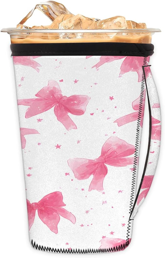 Pink Bows Reusable Coffee Sleeves Iced Coffee Cozy Insulator,Coquette Bow Neoprene Holder with Handle for Cold Coffee or Ice Drink, Large 30-32oz