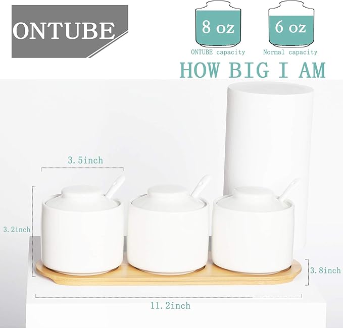 ONTUBE Ceramic Condiment Jar Set of 3 with Tray, Condiment Pot With Spoon and Lid, Seasoning Box,Sugar Bowl, 8oz (White)