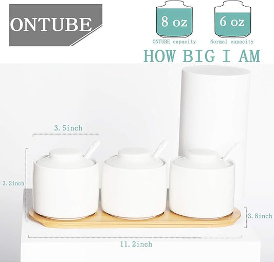 ONTUBE Ceramic Condiment Jar Set of 3 with Tray, Condiment Pot With Spoon and Lid, Seasoning Box,Sugar Bowl, 8oz (White)