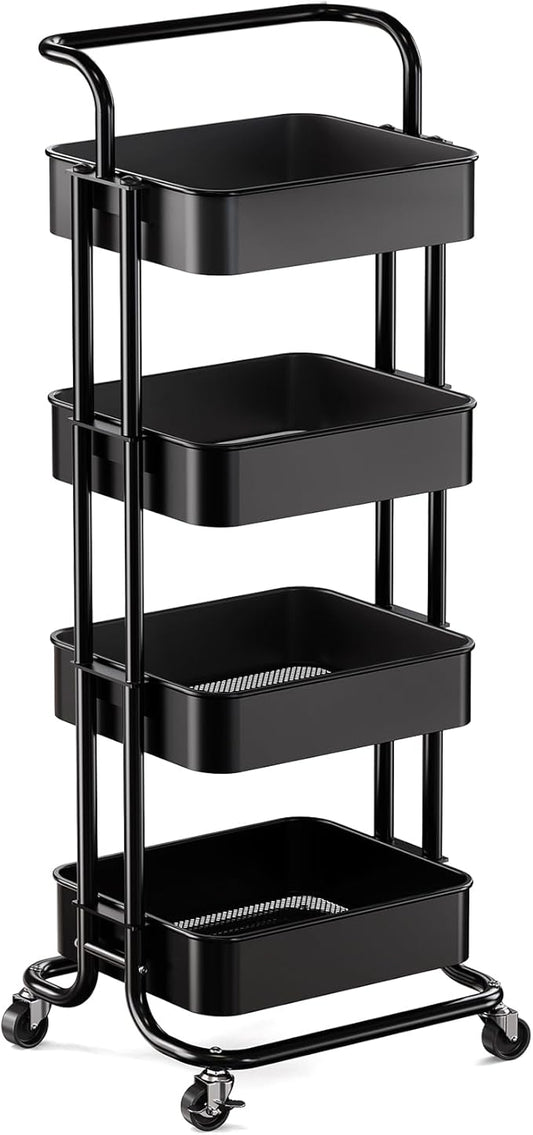 Pipishell 4 Tier Mesh Utility Cart, Rolling Metal Organization Cart with Handle and Lockable Wheels, Multifunctional Storage Shelves for Kitchen Living Room Office White, PIUC12B