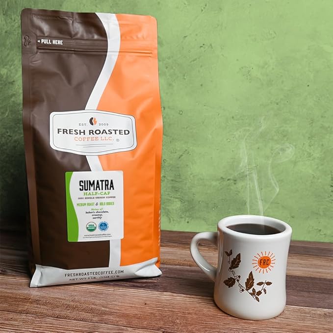 Fresh Roasted Coffee, Organic Sumatra Water-Processed Half-Caf | 100% Single Origin, USDA Organic, Kosher | Medium Roast 5 lb (80 oz) Whole Bean