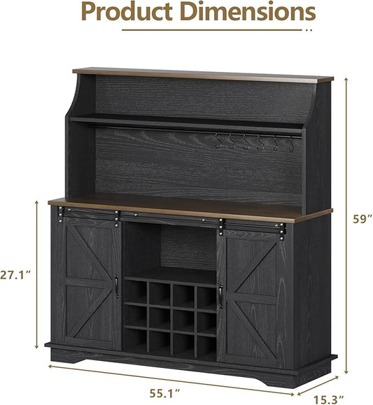 55 Inch Farmhouse Coffee Bar Cabinet with 3-Tier Enclosed Storage Cabinet, Kitchen Hutch with 12 Wine Racks & 3 Glass Holders, Coffee Bar with 6 Hooks, Wood Furniture for Dining Living Room, Black
