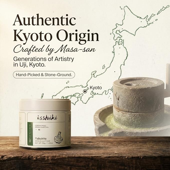 Isshiki Matcha Powder - Premium Ceremonial Grade Yabukita Green Tea from Kyoto, Japan - Exceptional Authentic Japanese Matcha - 30G - 20 Servings