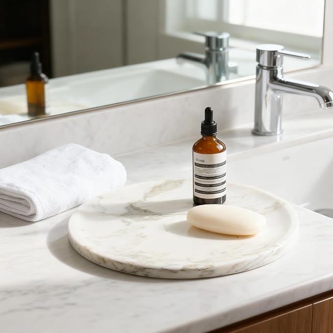 Marble Serving Tray, 11.8in Round Vanity Tray for Bathroom Countertop, Calacatta Candle Holder for Coffee Table/Kitchen, Stone Home Decorative Catchall Tray for Perfume