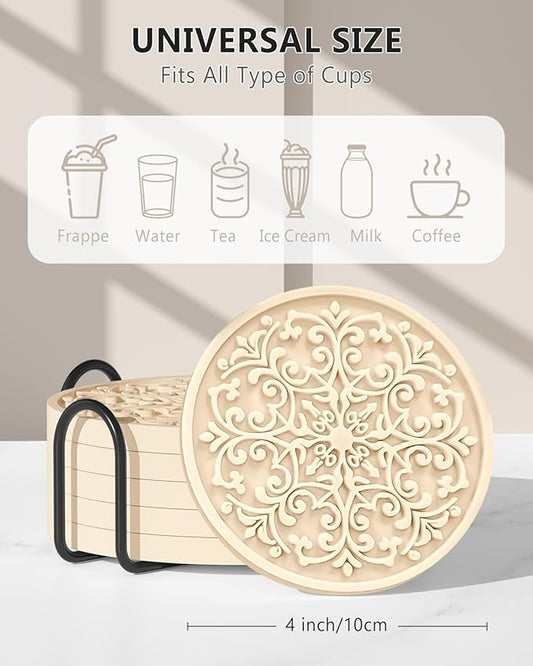 Aiawoxc Silicone Drink Coasters Set of 6 with Holder – Non-Slip, Heat Resistant | Apricot Coffee Bar Decor