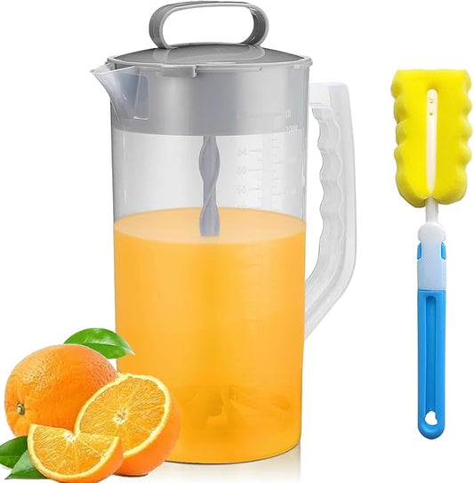 Mixing Pitcher for Drinks with Lid-Wide Mouth Juice Pitcher,Includes Plastic Blades & Adjustable Mixer Plunger,Comes with Cleaning Sponge Brush,Perfect for Juice,Tea,Milk,Lemonade (2.1qt/67.6oz)