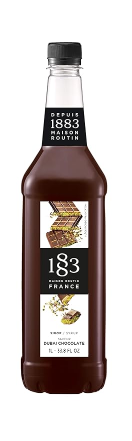 1883 Dubai Chocolate Syrup for Coffee & Drinks, Made in France, 1 Liter Plastic Bottle– Rich Cane Sugar Blend for Coffee, Milkshakes, Cocktails & Dessert Toppings