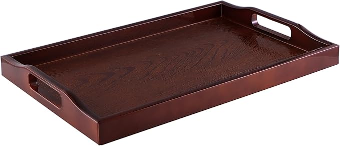 MDLUU Plastic Serving Tray, Ottoman Tray with Cutout Handles, Rectangle Butler Tray for Breakfast in Bed, Coffee Table Decor, Party (Red Brown)