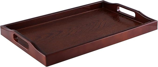 MDLUU Plastic Serving Tray, Ottoman Tray with Cutout Handles, Rectangle Butler Tray for Breakfast in Bed, Coffee Table Decor, Party (Red Brown)
