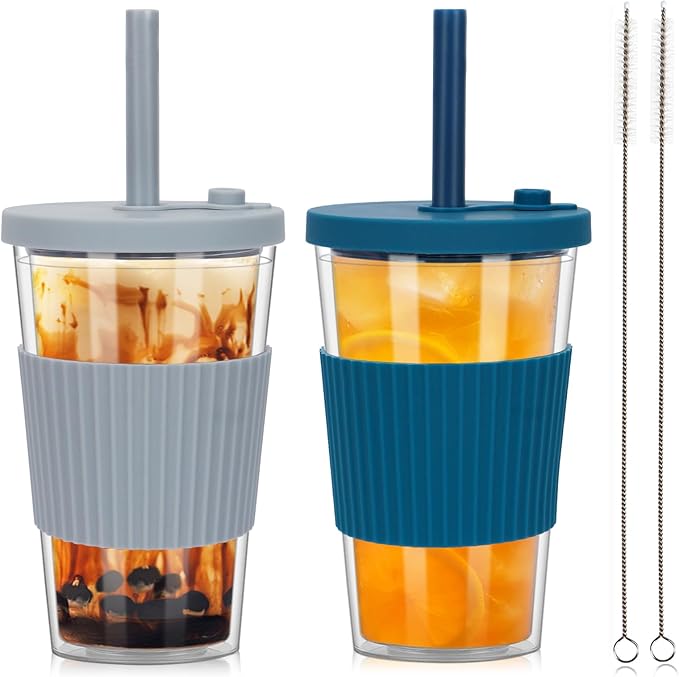 2 Pack Boba Tea Cup, 500ml/17oz Double Wall Plastic Tumbler with Straw and Lid, Leakproof Iced Coffee Smoothie Cup Bubble Tea Cup, Insulated Tumbler with Straw, Cool Gray and Indigo Blue