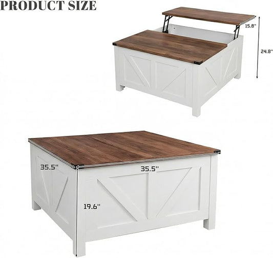 35” Farmhouse Coffee Table with Large Storage, Rustic Wood Lift Top Coffee Table for Living Room, Square Center Table with Charging Station&USB, Modern Port Pottery Barn Lift top Table