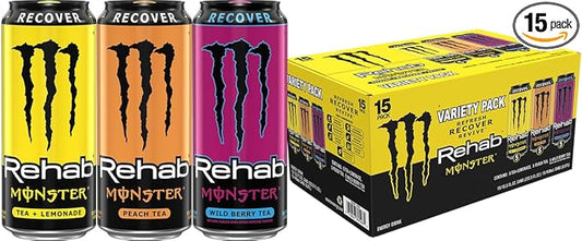 Monster Energy Rehab LPWBT, Variety Pack, Energy Iced Tea, 15.5 Ounce | Pack of 15