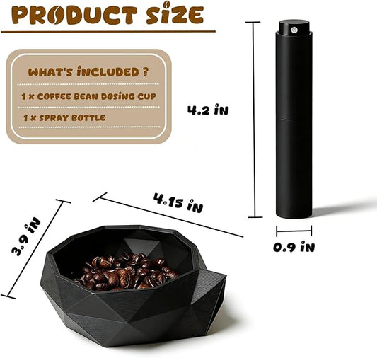 Coffee Bean Dosing Cup and Spray Bottle Set，3D Printed spresso Accessories Kit, 8ml Static Reducing Sprayer for Cafe, Home Use (Black)