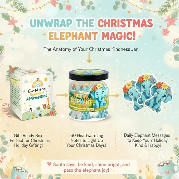 Positive Elephant Jar with 60 Daily Affirmation Cards, Emotional Support Elephant Decor, Uplifting Present for Teenage Girls and Men, Inspirational Office Desk Accessory and Appreciation Gift