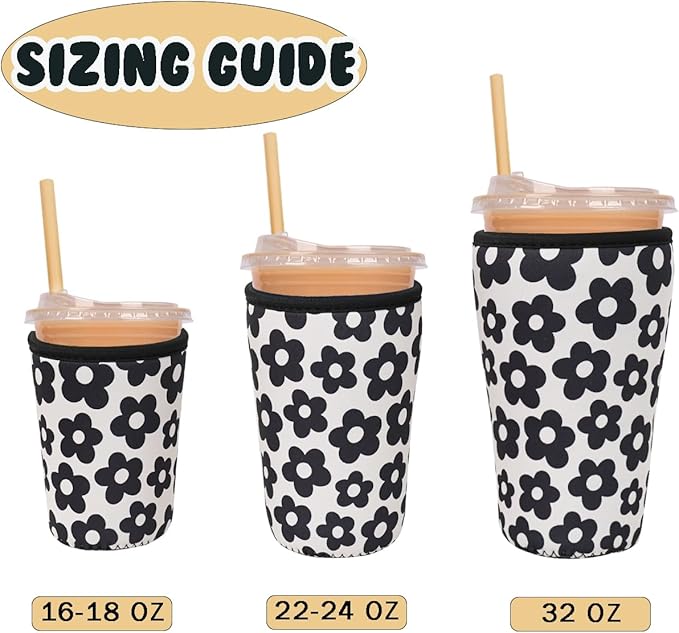 Reusable Insulated Neoprene Iced Coffee Cup Sleeve, Durable Drink Sleeve for Cold Beverages, Beverage Holder for Iced Coffee, Black Flowers