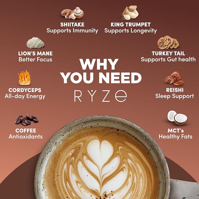 RYZE SUPERFOODS Mushroom Coffee Dark Roast, 6 Adaptogenic Mushrooms & Prebiotic Blend, Instant Coffee Supports Energy, Focus, Digestion & Immunity, Lions Mane & Turkey Tail, 30 Servings.